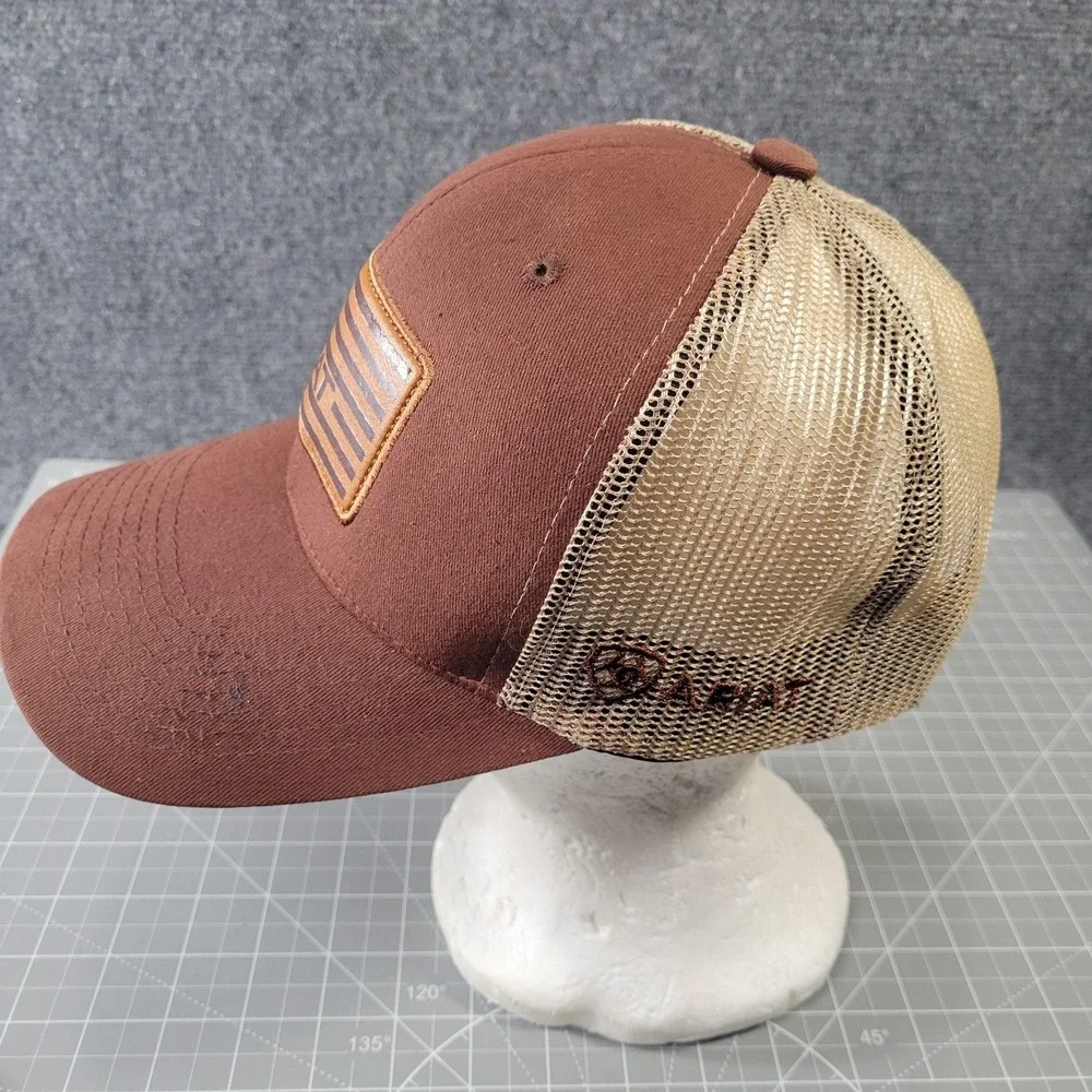Ariat‎ Hat Cap Snap Back Mens Brown Trucker Mesh USA Flag Patch Western Snapback